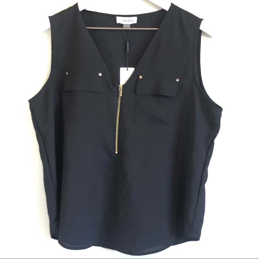 Calvin Klein Black V-Neck Top with Gold Zipper
